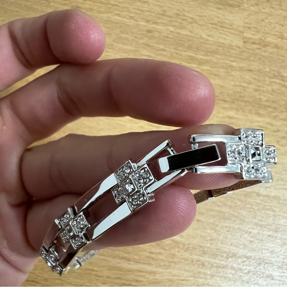 Silver tone chain link art deco rectangle bracelet with rhinestone embellishment - Picture 2 of 3